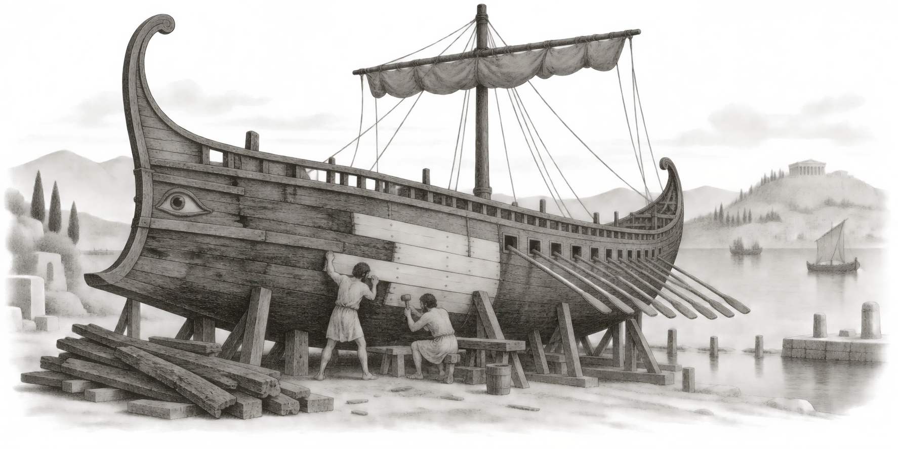 Two shipwrights fitting pale replacement planks into an ancient ship’s weathered hull.